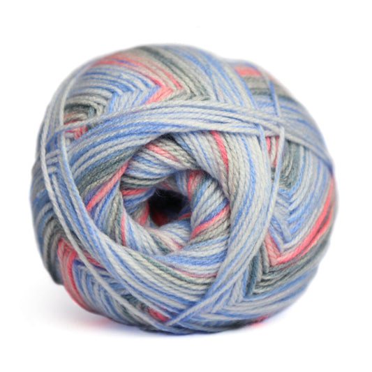 Multicolored skein of yarn on a white background