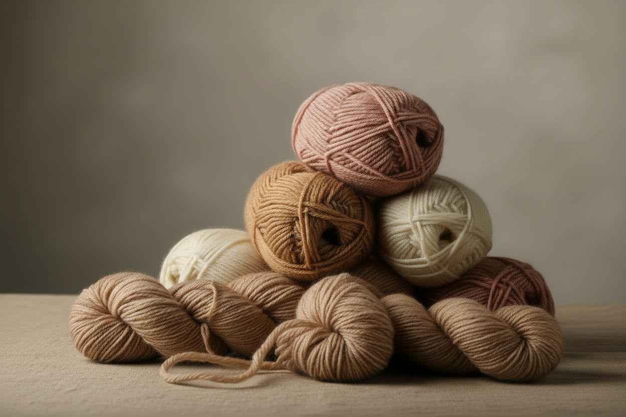 Slightly lighter wool yarn in pink, beige, and fawn